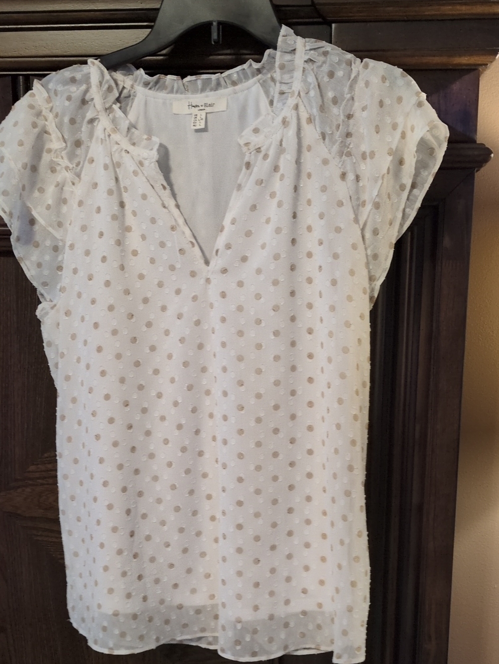 White Polka Dot Short Sleeve Ruffle Blouse Lined